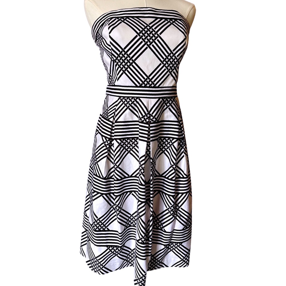 White House Black Market Strapless‎ Geometric Lattice Midi Dress Black White 8